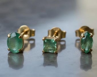 14K Gold Emerald Stud Earrings: Dainty Green Gemstone, May Birthstone