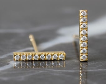 14k Solid Gold Diamond Bar Stud Earrings, Modern Gold Studs