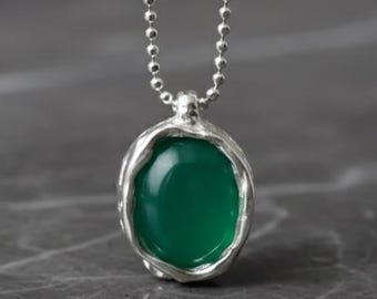 Sterling Silver Wax-Carved Green Chalcedony Pendant – One of a Kind Necklace