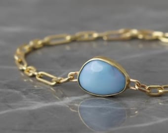 14K Gold Blue Opal Bracelet: Handmade Bezel Set Paperclip Chain