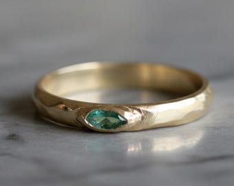 10K Gold Marquise Cut Emerald Band, Minimal Handmade Emerald Ring – Size 8.5