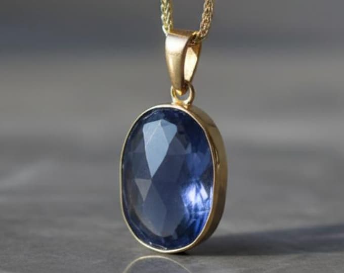 Featured listing image: 14K Gold Iolite Necklace: Rose Cut Gemstone Pendant, Handmade