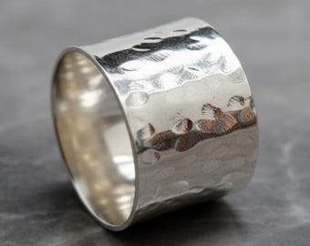 Hand-Hammered Sterling Silver Wide Band Ring, Minimalist Statement Jewelry