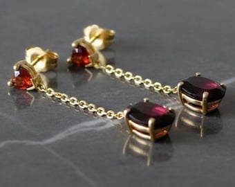14k Gold Garnet Dangle Earrings with Heart and Oval Cut Stones, January Birthstone