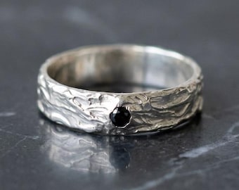 Men's Organic Textured Sterling Silver Ring – Black Diamond, Rustic Band