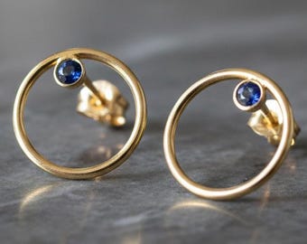 14K Gold Sapphire Studs, Circle Minimalist Earrings, Tiny Blue Gemstone Studs
