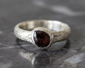Raw Brown Diamond Sterling Silver Ring – Rose Cut Rustic Band, Size 7