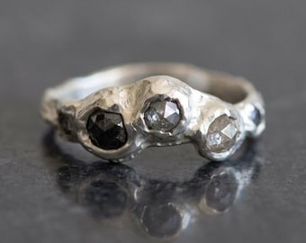 Sterling Silver Rose Cut Diamond Ring, Organic Textured Band, Size 7.25