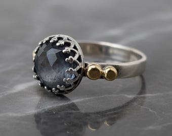 Labradorite Silver Ring, Silver and Gold Ring, Boho Mix-Metal Ring