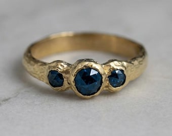 10k Gold Three-Stone Ring – Rose Cut Dark Blue Diamonds, Organic Textured Band