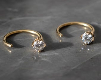 Dainty Gold Huggie Hoops, Diamond Open Hoops, Minimalist Jewelry