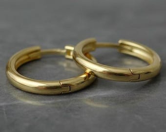 14K Yellow Gold Huggie Hoops: Small Chunky Earrings, 16mm