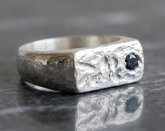 Textured Sterling Silver Men's Signet Ring – Black Diamond, Rustic Band