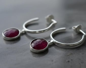 Sterling Silver Ruby Hoop Earrings: Gemstone Dangle, 20mm