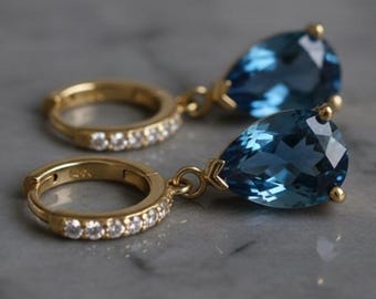 London Blue Topaz and Moissanite Dangle Hoop Earrings, December Birthstone, Valentines Day Gift