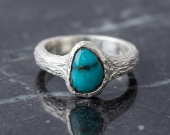 Natural Turquoise Statement Ring – Rustic Textured Band, Organic Sterling Silver Ring, Size 8.5