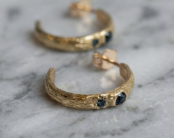 10k Gold Organic Textured Hoop Earrings with Blue Diamonds, Artisan Huggies