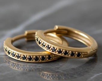 Black Diamond Huggie Earrings: 14k Solid Gold Tiny Hoops