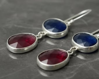Ruby and Sapphire Sterling Silver Dangle Earrings: Bezel Set Gemstone Jewelry