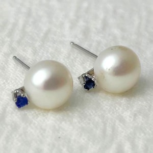 14k White Gold Pearl and Sapphire Stud Earrings – Freshwater Pearls with Blue Sapphire Accents – June and September Birthstone Jewelry