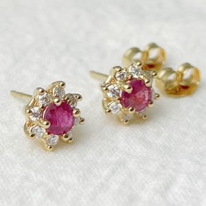 14K Gold Ruby and Moissanite Cluster Stud Earrings – Natural Ruby with White Moissanite – July Birthstone Earrings, Anniversary Bridal Gift