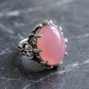 Lavender Chalcedony Sterling Silver Ring, Organic Claw Setting, Statement Pink Stone, Size 7
