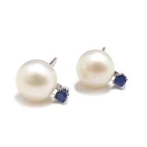 Gold Pearl Earrings, Sapphire and Freshwater Pearl Stud Earrings