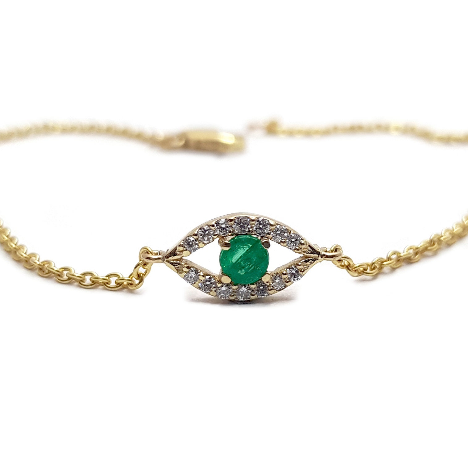 Emerald Evil Eye Bracelet 14k Gold, 0.19cts Emerald and Diamond