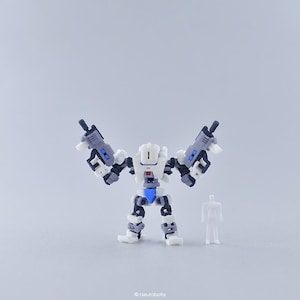 May include: A miniature robot toy, predominantly white with grey and blue details, holding two grey blasters. A small, white, featureless figure stands nearby. The image includes the text "Neurobota" in the bottom right corner.