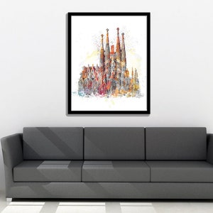 Sagrada Familia, Aquarell Druck, Skyline, Reise, Spanien, Barcelona, Gaudi, Barcelona Print, Architektur, Wandkunst, Home Decor - 906-3