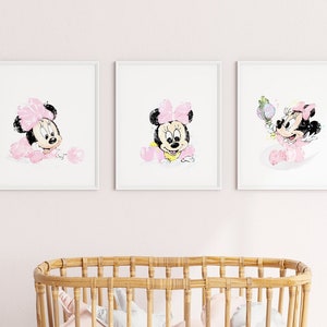 Minnie Mouse, acuarela, impresión de arte, Mickey Mouse, Baby Shower, cartel de Minnie Mouse, arte de pared, decoración de la guardería, decoración de la habitación de los niños - 1166-1168