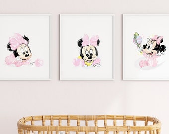 Minnie Mouse, Watercolor, Art Print, Mickey Mouse, Baby Shower, Minnie Mouse Poster, Wall Art, Nursery Decor, Kids Room Decor - 1166-1168