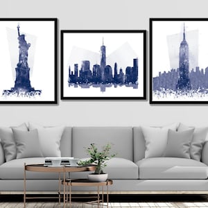 Nueva York, Estatua de la Libertad, Empire State Building, Estados Unidos, Acuarela Arte, Impresión, Decoración del hogar, Arte de la pared