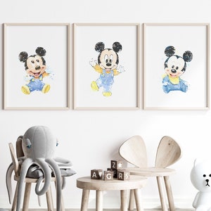 Mickey Mouse, Watercolor, Art Print, Minnie Mouse, Baby Shower, Mickey Mouse Poster, Wall Art, Nursery Decor, Kids Room Decor - 1169-1171