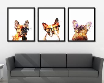 Dogs with Glasses Art Print: Watercolor French Bulldog & Boston Terrier