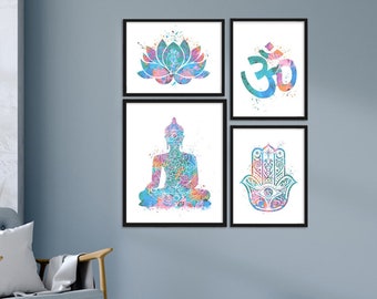 Yoga Watercolor Print, Om Meditation, Art Print, Hamsa, Lotus Flower, Buddha, Inspirational, Home Decor, Wall Art, Yoga Poster, Home Decor