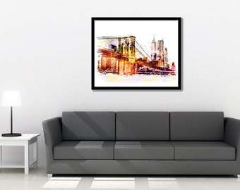 Brooklyn Bridge Watercolor Print: New York Skyline Art