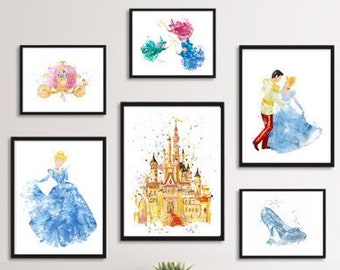 Cinderella Watercolor Art, Princess Print, Castle, Carriage, Shoe, Fairytale, Prince and Princess, Wall Art, Kids Room Decor, Nursery Decor