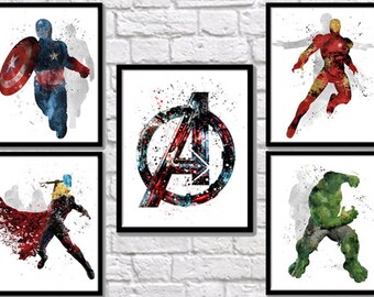 avengers watercolor print superhero watercolor art iron etsy