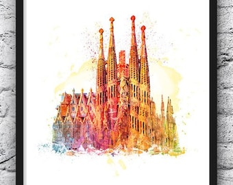 Sagrada Familia, Watercolor Print, Skyline, Travel, Spain, Barcelona, Gaudi, Barcelona Print, Architecture, Wall Art, Home Decor - 906-1