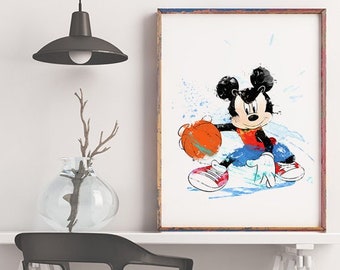 Mickey Mouse, Watercolor, Art Print, Mickey, Mickey Basketball, Minnie Mouse, Movie Poster, Wall Art, Nursery Decor, Kids Room Decor - 1142