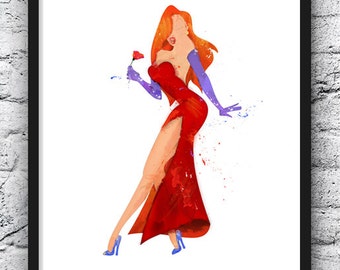 Jessica Rabbit, Watercolor, Art Print, Roger Rabbit, Jessica Rabbit Dress, Movie Poster, Home Decor, Kids Room Decor, Nursery Decor - 514