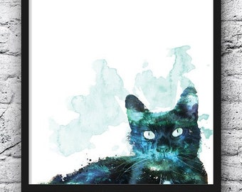 Cat Watercolor Print, Black Cat Art, Cat Wall Decor, Cat Painting, Wall Art, Cat Lover Gift, Animal, Pet