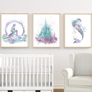 Ariel Watercolor Set, Princess, Ariel, Castle, Art Print, Little Mermaid, Mermaid Wall Art, Mermaid Decor, Kids Room Decor, Nursery Decor