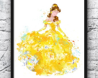 Beauty and the Beast Watercolor Print, Princess Belle, Movie Poster, Nursery Art, Wall Art, Home Decor, Kids Room Decor - 736