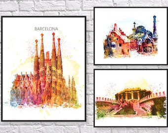 Barcelona, Spain, Barcelona Print, Sagrada Familia, Gaudi, Travel, Architecture, Skyline, Wall Art, Home Decor, Watercolor, Art Print