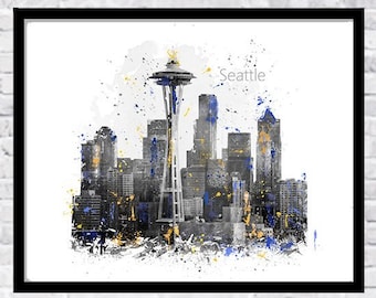 Seattle Watercolor Print, Skyline Poster, Travel Art, City Painting, Washington DC, United States, Cityscape, Wall Art, Home Decor - 904