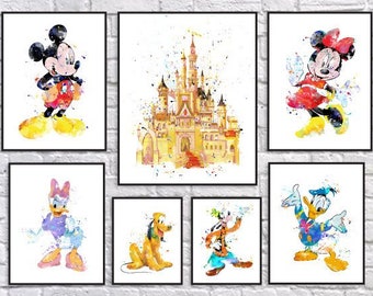 Mickey Mouse, Minnie Mouse, Mickey Ears, Donald Duck, Daisy, Pluto, Goofy, Castle, Watercolor, Art Print, Wall Art, Nursery Decor, Poster