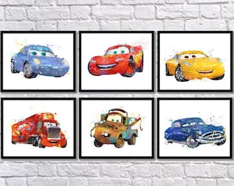 Cars, Watercolor, Art Print, Lightning McQueen, Mater, Sally, Doc Hudson, Mack, Cruz Ramirez, Wall Art, Kids Room Decor, Nursery