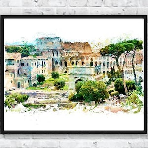 Rome, Watercolor Art, Ancient, Rome Print, Rome Map, Italy Painting, Rome Colosseum, Architecture, Home Decor, Wall Art